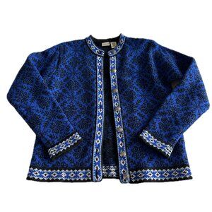 Vintage L.L. Bean Women's Sweater Blue Merino Wool Nordic Fair Isle Cardigan